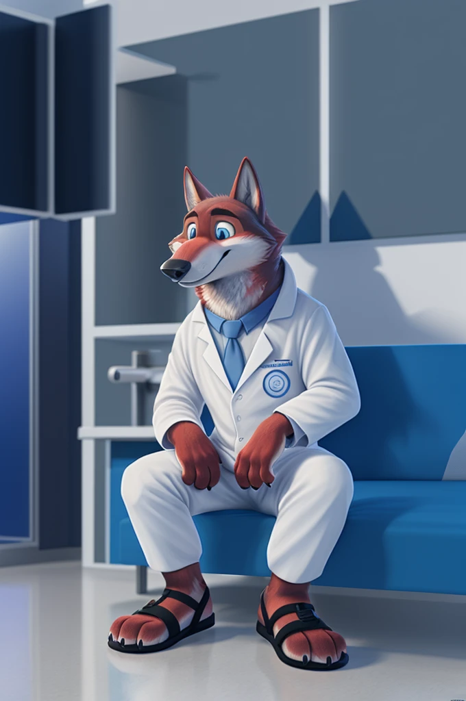 Joachim Wolfbach (Zootopia),tall handsome, wolf,young, 24 years, brown fur,(red body:1.3),Blue eyes, Moscow Dressed, red headdress,in a white medical gown,shirt pants,Sandals,tie,black pantsblue, stethoscope, pediatrician,canine, wolf, detailed fur, Male, antro, paw pads, finger claws,Prays, at viewer, 5 fingers, paws, 5 fingers, smile, happy, resting, wrist watch,stethoscope,looks at the monitors, т nextel, sitting at home in the medical intensive care unit,by xenoforge, (difficult, high detail, digital, photo, soft focus, RAW, pilot by training,ulba,tender, very kind, sincere, advises, patient, детский pediatrician,holding a wolf cub,
photorealism, realistic, photorealistic, analog style, subsurface scattering,
masterpiece, Best quality, ultra realistic, 8 K)