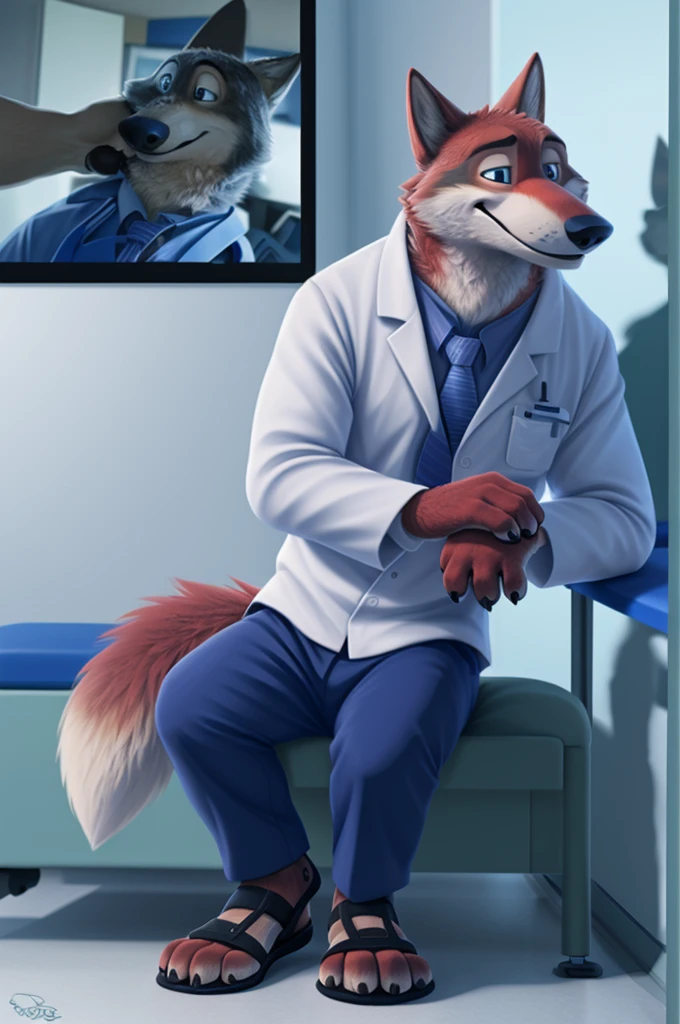 Joachim Wolfbach (Zootopia),tall handsome, wolf,young, 24 years, brown fur,(red body:1.3),Blue eyes, Moscow Dressed, red headdress,in a white medical gown,shirt pants,Sandals,tie,black pantsblue, stethoscope, pediatrician,canine, wolf, detailed fur, Male, antro, paw pads, finger claws,Prays, at viewer, 5 fingers, paws, 5 fingers, smile, happy, resting, wrist watch,stethoscope,looks at the monitors, т nextel, sitting at home in the medical intensive care unit,by xenoforge, (difficult, high detail, digital, photo, soft focus, RAW, pilot by training,ulba,tender, very kind, sincere, advises, patient, детский pediatrician,holding a wolf cub, 
photorealism, realistic, photorealistic, analog style, subsurface scattering, 
masterpiece, Best quality, ultra realistic, 8 K)