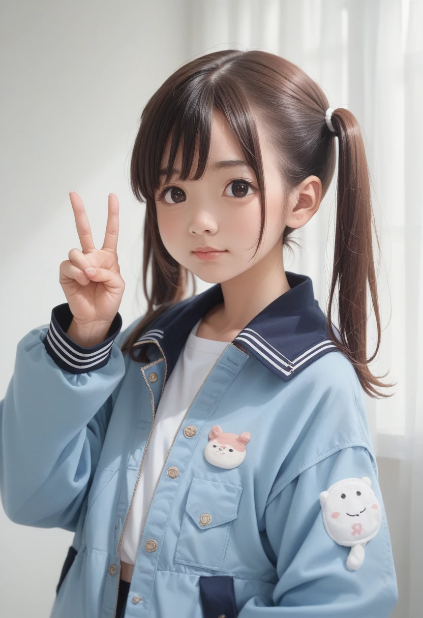 anime girl with ponytails and a blue jacket making a peace sign, in an anime style, in anime style, anime style portrait, an anime girl, anime moe artstyle, inspired by Tsubasa Nakai, young anime girl, anime style character, marin kitagawa fanart, inspired by Yuki Ogura, as an anime character, realistic , school girl