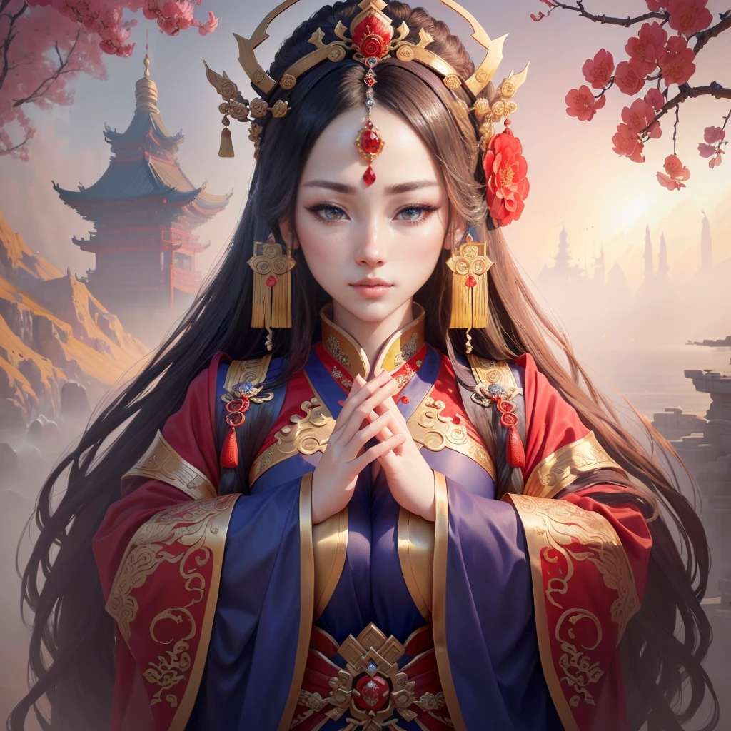 a painting of a woman in a red and blue dress, a beautiful fantasy empress, inspired by Lan Ying, chinese empress, queen of the sea mu yanling, ((a beautiful fantasy empress)), inspired by Ju Lian, ancient chinese princess, inspired by Li Mei-shu, ancient chinese goddess, inspired by Qiu Ying, inspired by Sim Sa-jeong, Highly detailed CG unit 8k wallpaper, masterpiece, High resolution, highest quality, highest quality real texture skin, Super Real, Digital Painting, Best image quality, 最High resolution, 8k, ((Highly detailed eyes and face, Beautiful eyes every detail)), Clasping hands, pray, (in trouble, sad,)