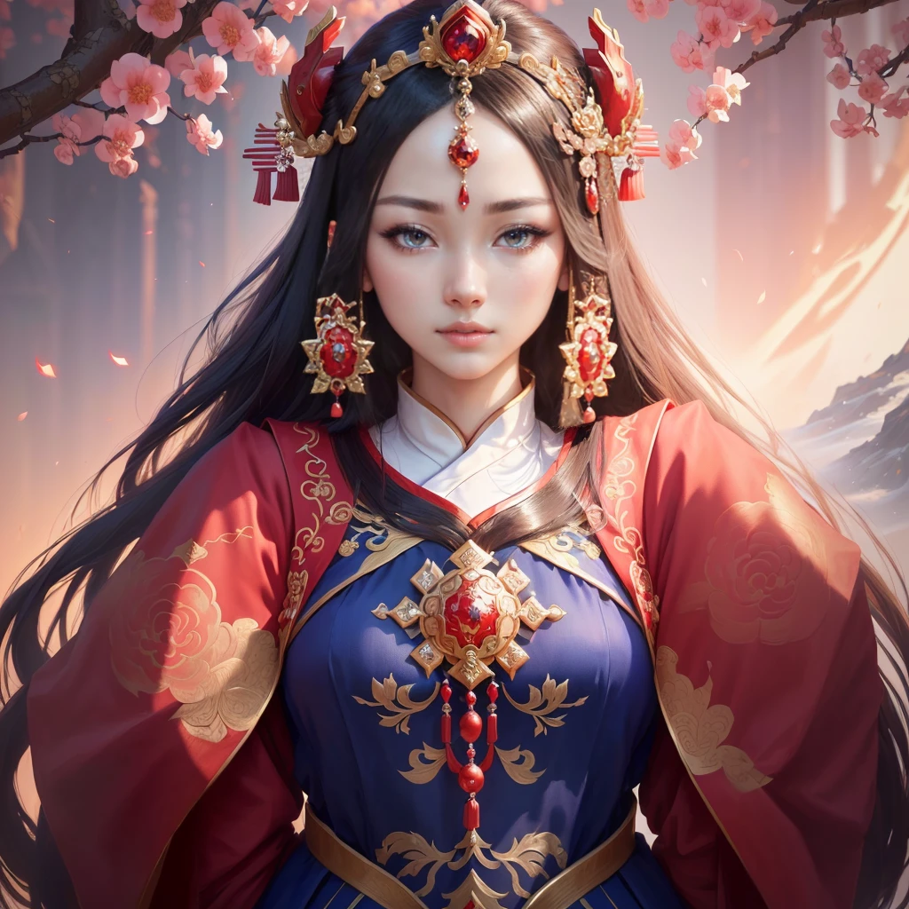 a painting of a woman in a red and blue dress, a beautiful fantasy empress, inspired by Lan Ying, chinese empress, queen of the sea mu yanling, ((a beautiful fantasy empress)), inspired by Ju Lian, ancient chinese princess, inspired by Li Mei-shu, ancient chinese goddess, inspired by Qiu Ying, inspired by Sim Sa-jeong, Highly detailed CG unit 8k wallpaper, masterpiece, High resolution, highest quality, highest quality real texture skin, Super Real, Digital Painting, Best image quality, 最High resolution, 8k, ((Highly detailed eyes and face, Beautiful eyes every detail)), Clasping hands, pray, (in trouble, sad,)