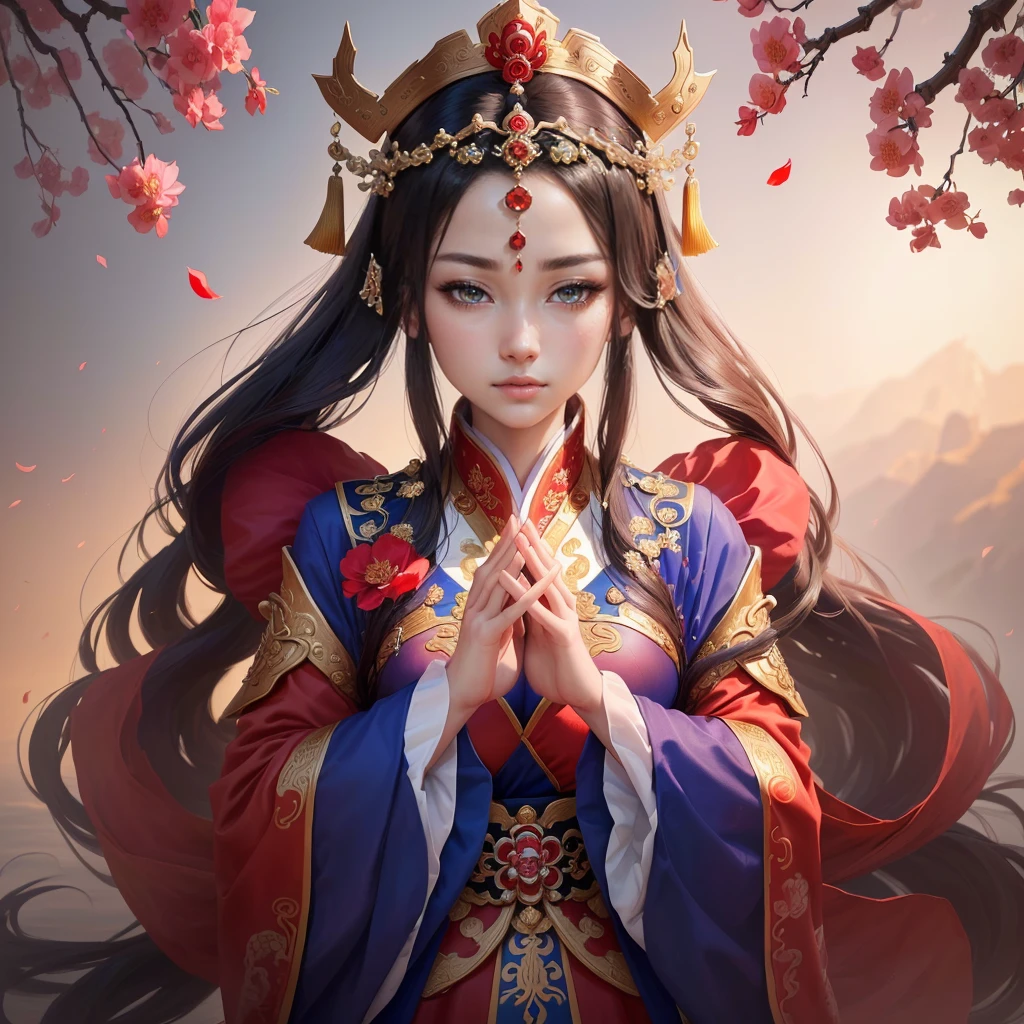 a painting of a woman in a red and blue dress, a beautiful fantasy empress, inspired by Lan Ying, chinese empress, queen of the sea mu yanling, ((a beautiful fantasy empress)), inspired by Ju Lian, ancient chinese princess, inspired by Li Mei-shu, ancient chinese goddess, inspired by Qiu Ying, inspired by Sim Sa-jeong, Highly detailed CG unit 8k wallpaper, masterpiece, High resolution, highest quality, highest quality real texture skin, Super Real, Digital Painting, Best image quality, 最High resolution, 8k, ((Highly detailed eyes and face, Beautiful eyes every detail)), Clasping hands, pray, (in trouble, sad,)
