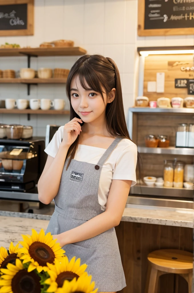 20 years old girl (Japanese cute face) is wearing very short mini skirt and apron and working at the coffee cafe with sunflowers
