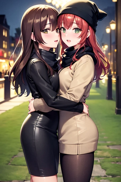 ((masterpiece, best quality, ultra-detailed)), two beautiful women kissing and hugging, blushing, leather jacket, hoodie, scarf, beanie, bracelet, black midi pencil skirt, long black pencil skirt, leather boots, full body, long hair, wavy hair, fall garden, leaves, night