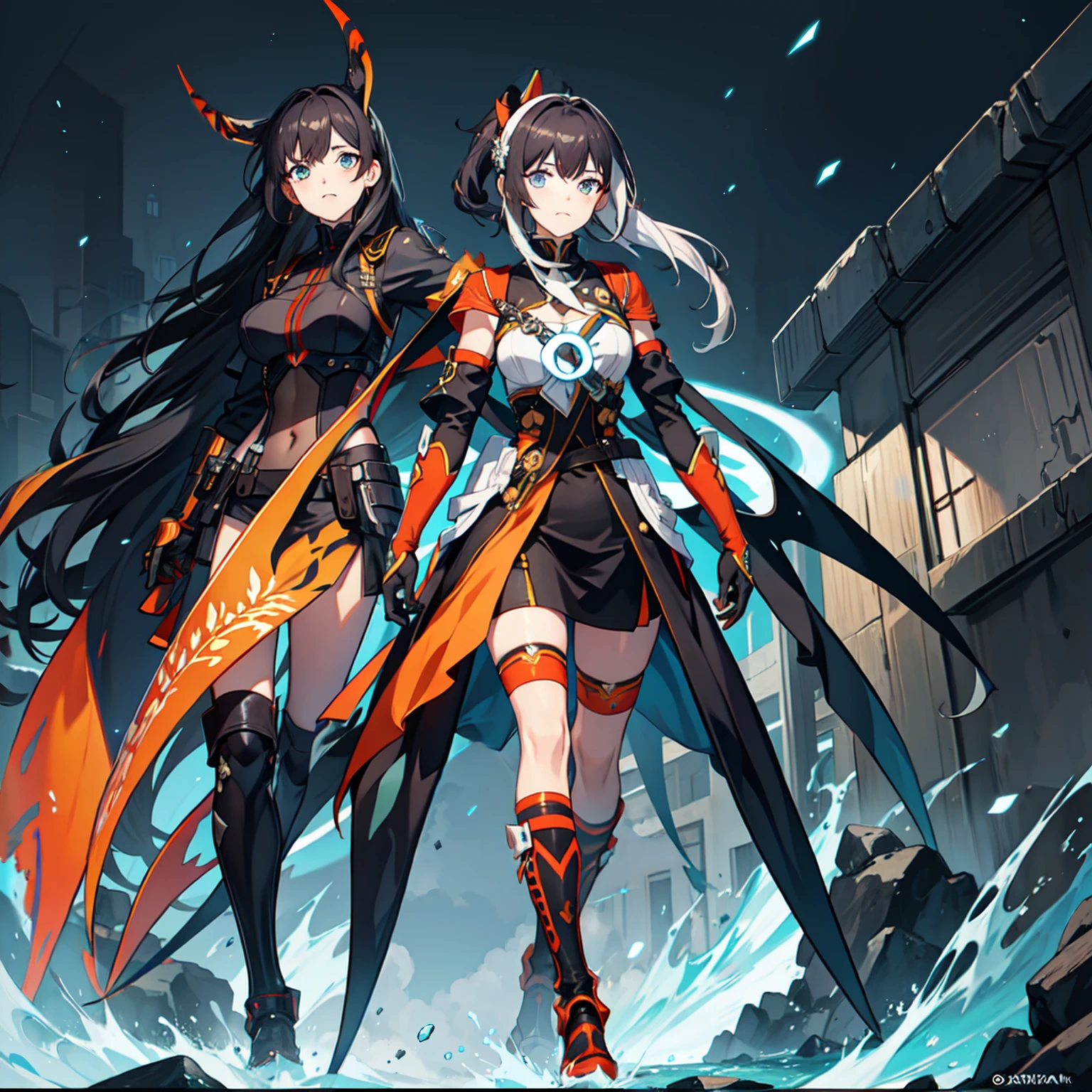(((One character))), Female, (((Dark Skin)))), Black Hair with Ponytail, Light Blue Eyes, Round Glasses with a Little Dark Lens with this Lens being Orange, and the Light Blue Color frame, (((Black Metallic Gauntlets and Greaves with Orange and Silver Highlights)), (((The Clothes Have a Mix of Modern and Tribal)))), Having Mostly Black Color, but having Orange Parts, Shoulders on Display, On the Hip a Shorts extending to Half of the Thigh of black color.