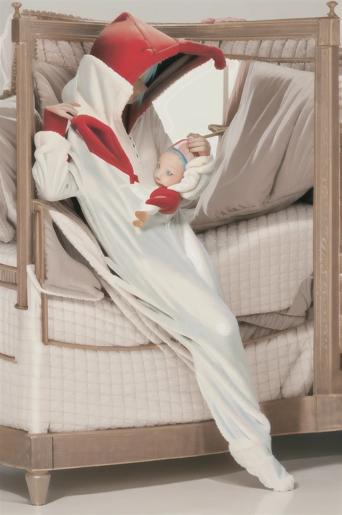 A n anime image of a teenage boy with white hair playing with baby toys. teething ring, ((playing with toys)), (wearing cat hoodie-footie pjs), (((wearing a diaper))), [[sleeping]], (in a crib 1.5), stuffed animals, ((1boy)), high quality, extremely detailed, highly detailed, masterpiece, soft lighting, warm colors, pastel colors, (well drawn fingers), hood up,
