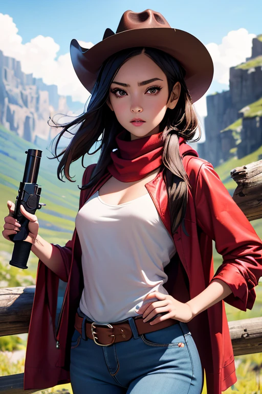 Highest quality High resolution Western Wilderness Cute girl in gunfighter clothes Ten-gallon hat Revolver pistols jeans gun belt A scarf is wrapped around the neck The background is the wilderness:1.8