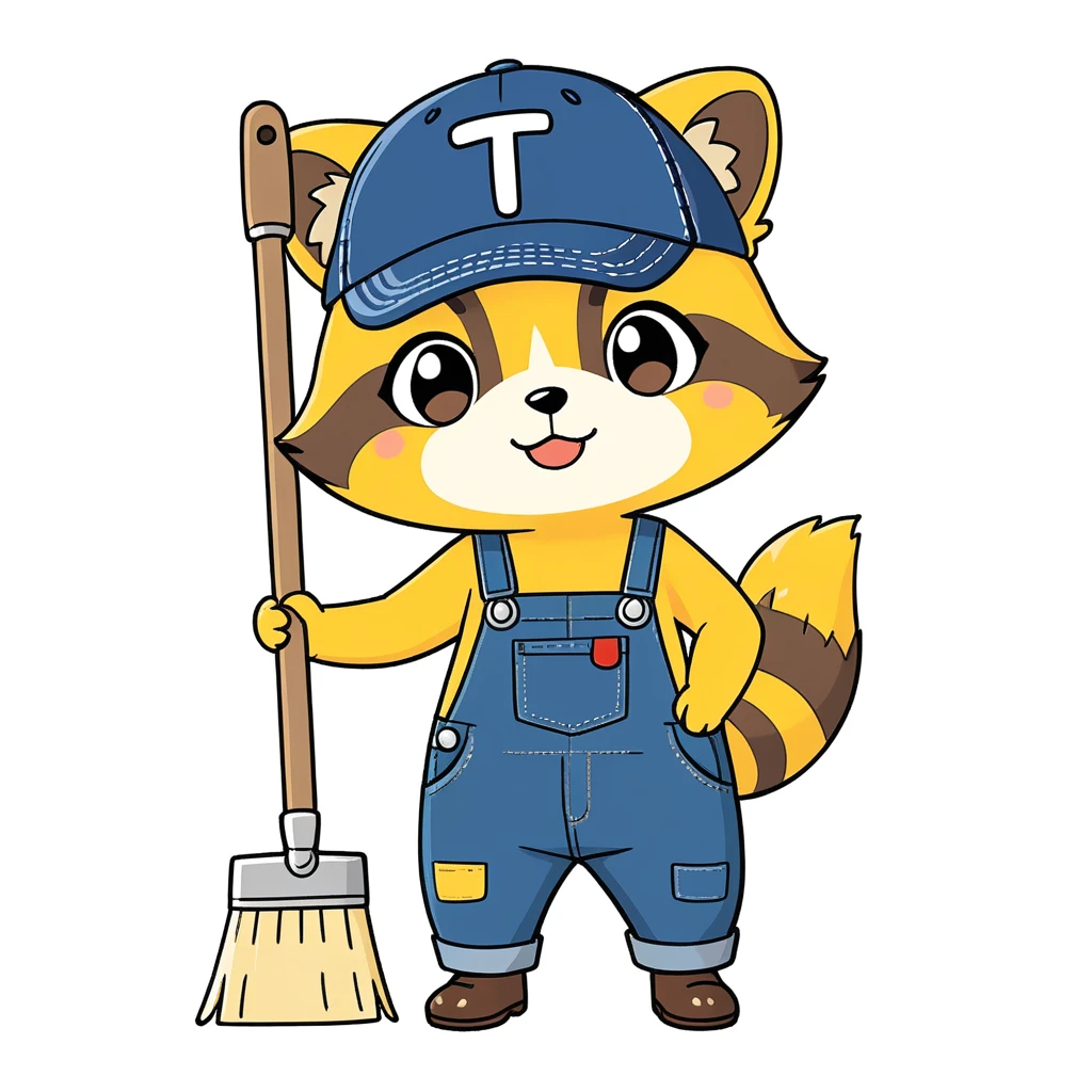 1 yellow fur raccoon standing and wearing blue overalls and have a brown deck brush,blue denim cap with a single letter T on it,no shirt,(simple:1.3),(white background:1.4),(doodle:1.4),scribble,(minimalism:1.3),chibi,smile,look at viewer,diagrammatic drawing,blankspace,a character illustration,Flat drawing