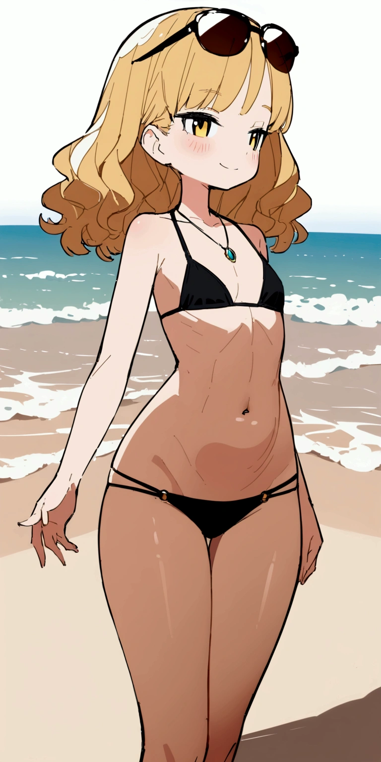 Anime Girls、Toned Abs、Beige hair、Medium Hair、Wavy Hair、blush、detailed、Highest quality、masterpiece、bikini、belly button、solo、skinny body、Narrow waist、smile、necklace、Seaside、Sunglasses on head