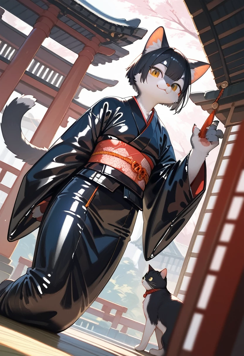 Highest quality, Highest quality, High quality illustrations, masterpiece, Ultra-high resolution, Detailed Background, Kyoto, Absurd, Perfect Anatomy, performance, Good lighting, Shadows in the movies(kemono, Furry PersonifiCation), Cat, kimono, latex, rubber, Dynamic Angle