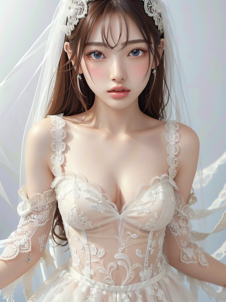 Need,tmasterpiece,brunette color hair，Fully transparent，in white transparent underwear，White transparent clothes，Fair skin，28 year old，Asian people，ssmile，Perfect bust shape，Slim figure，Beautuful Women，Place your hands on your chest，Spread your legs apart，freshen，filigree，photorealestic