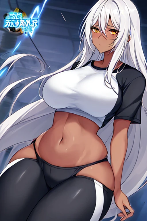 1girl, anime style, 2d, anime screencap, dark skin, dark-skinned female, white hair, long hair, large breasts, wide hips, thick thighs, shirt, sportswear, shy, sports bra, screencap, masterpiece