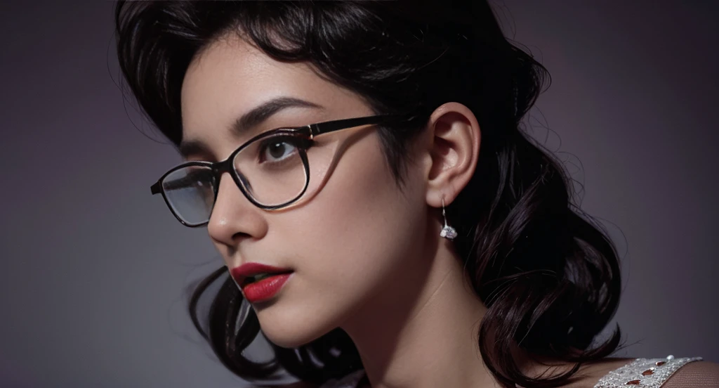 Slightly curly hair, rimless glasses, small spots under the corners of the mouth, / note lilac earrings, slightly closed mouth, red lips, surrealism, high detail, strong chiaroscuro, film graininess, panorama, ultra high-definition, precise, textured skin.