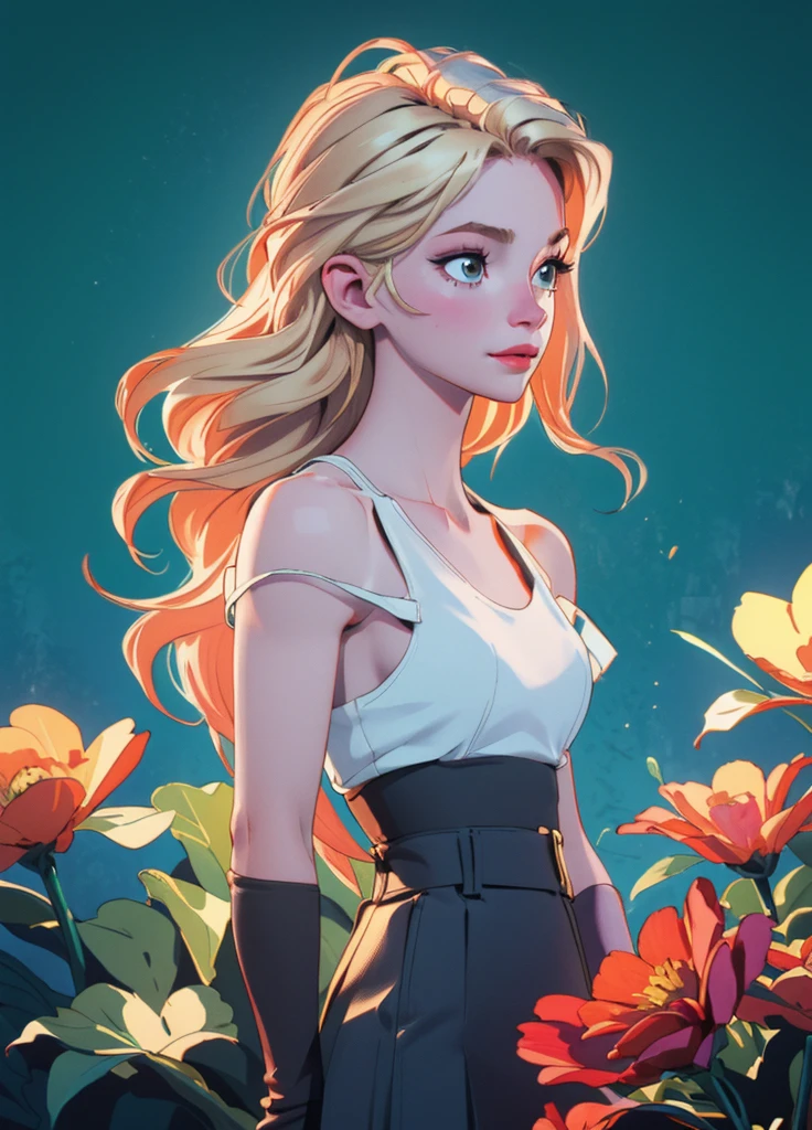 0l1d7, blonde hair,, (32K resolution, masterpiece, ultra high quality, best quality, ultra high definition, perfect anatomy, Incredibly detailed, RAW,, photorealistic, cinematic lighting, exquisitely detailed, extremely intricate, 8k UHD, high resolution), (1girl), cropped off-shoulder tank top, skirt, elegant hair, standing in the middle of a flower field, seductive smile, dynamic vivid colors