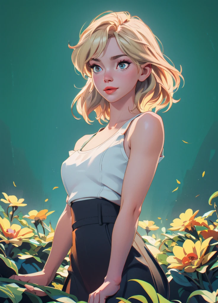 0l1d7,  blonde hair,, (32K resolution, masterpiece, ultra high quality, best quality, ultra high definition, perfect anatomy, Incredibly detailed, RAW,, photorealistic, cinematic lighting, exquisitely detailed, extremely intricate, 8k UHD, high resolution), (1girl), cropped  off-shoulder tank top,  skirt, elegant hair, standing in the middle of a flower field,  seductive smile, dynamic vivid colors