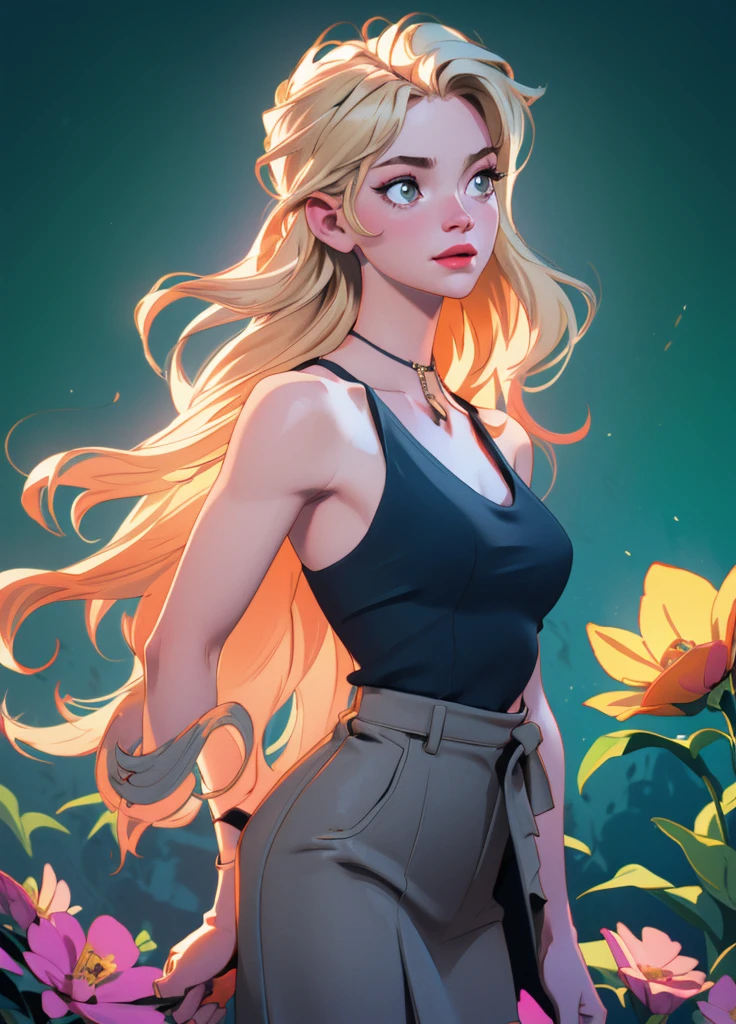 0l1d7,  blonde hair,, (32K resolution, masterpiece, ultra high quality, best quality, ultra high definition, perfect anatomy, Incredibly detailed, RAW,, photorealistic, cinematic lighting, exquisitely detailed, extremely intricate, 8k UHD, high resolution), (1girl), cropped  off-shoulder tank top,  mini shorts, elegant hair, standing in the middle of a flower field,  seductive smile, dynamic vivid colors