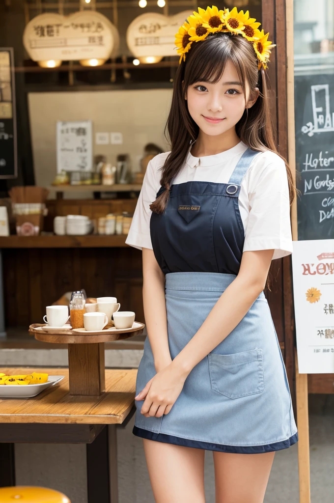 20 years old girl (Japanese cute face) is wearing very short mini skirt and apron and working at the coffee cafe with sunflowers