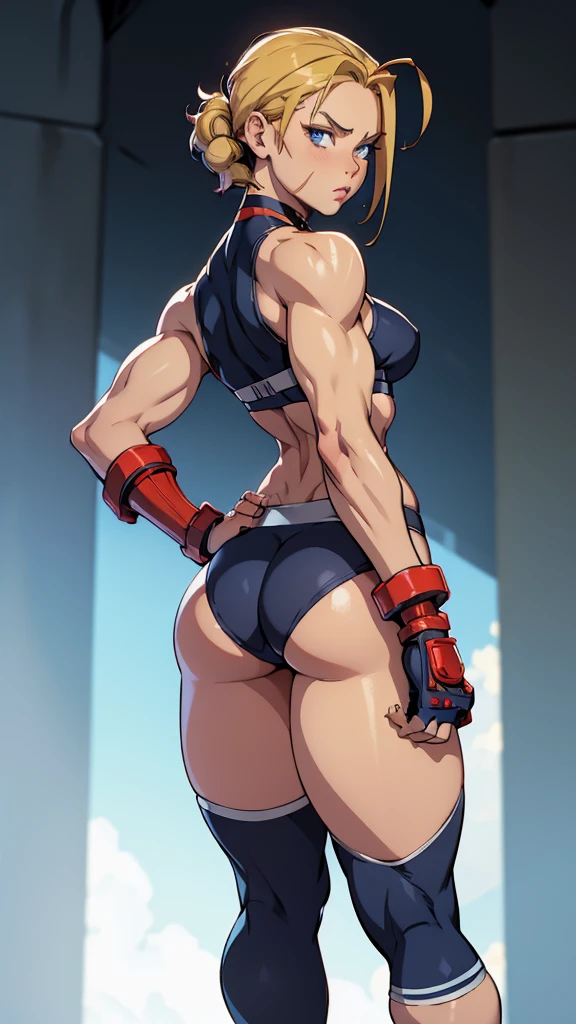 cammy sf6, choker, 1 girl, standing alone, looking ahead at viewer, blue colored eyes, scar on the face, red gloves, scar on cheek, muscular, antenna hair, hand on hip, black choker, thick-thighs, hair blonde, gloves fingerless, shorth hair, thick-thighs, muscular female, tummy, (((standing backwards))), (((big-ass))), focus on the ass, using a small lingerie