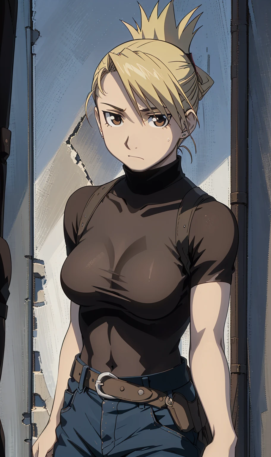 masterpiece, Highest quality, High resolution, One girl, Himliza, ponytail, Brown eyes,big , Black Shirt, Tight shirt, holster, Short sleeve, belt, Covered navel, Blue pants,Inside the room、Upper body close-up、Muscular body、blush、Sweat、Composition from the front、anime、Hide your arms behind your back、(((Torn clothes、Your breasts are completely visible)))