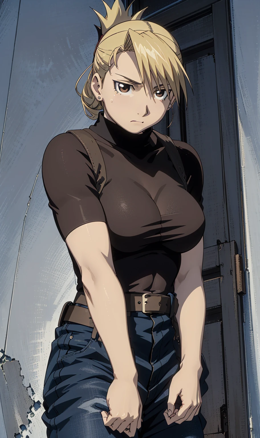 masterpiece, Highest quality, High resolution, One girl, Himliza, ponytail, Brown eyes,big , Black Shirt, Tight shirt, holster, Short sleeve, belt, Covered navel, Blue pants,Inside the room、Upper body close-up、Muscular body、blush、Sweat、Composition from the front、anime、Hide your arms behind your back、(((Torn clothes、Your breasts are completely visible)))