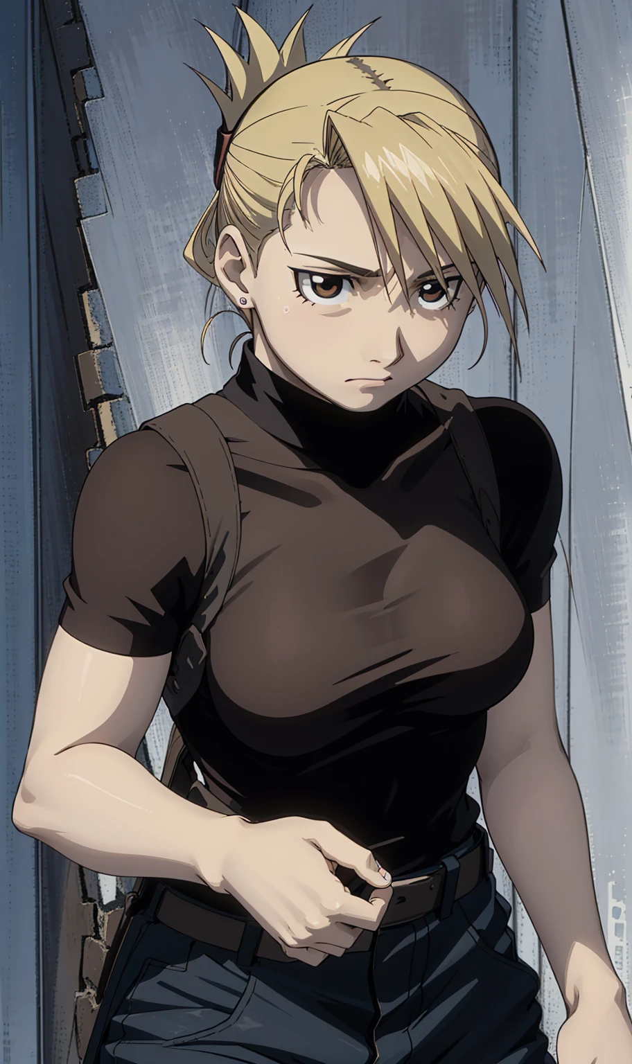 masterpiece, Highest quality, High resolution, One girl, Himliza, ponytail, Brown eyes,big , Black Shirt, Tight shirt, holster, Short sleeve, belt, Covered navel, Blue pants,Inside the room、Upper body close-up、Muscular body、blush、Sweat、Composition from the front、anime、Hide your arms behind your back、(((Torn clothes、Your breasts are completely visible)))