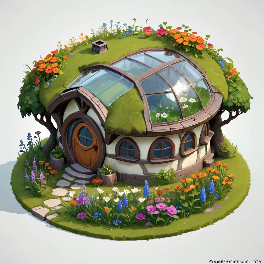 Isometric Model,A Hobbit glass house,Flowers，grassland，white background,Game architecture design,Cartoon,casual game style, Game assets,Isometric,2d,Game Art