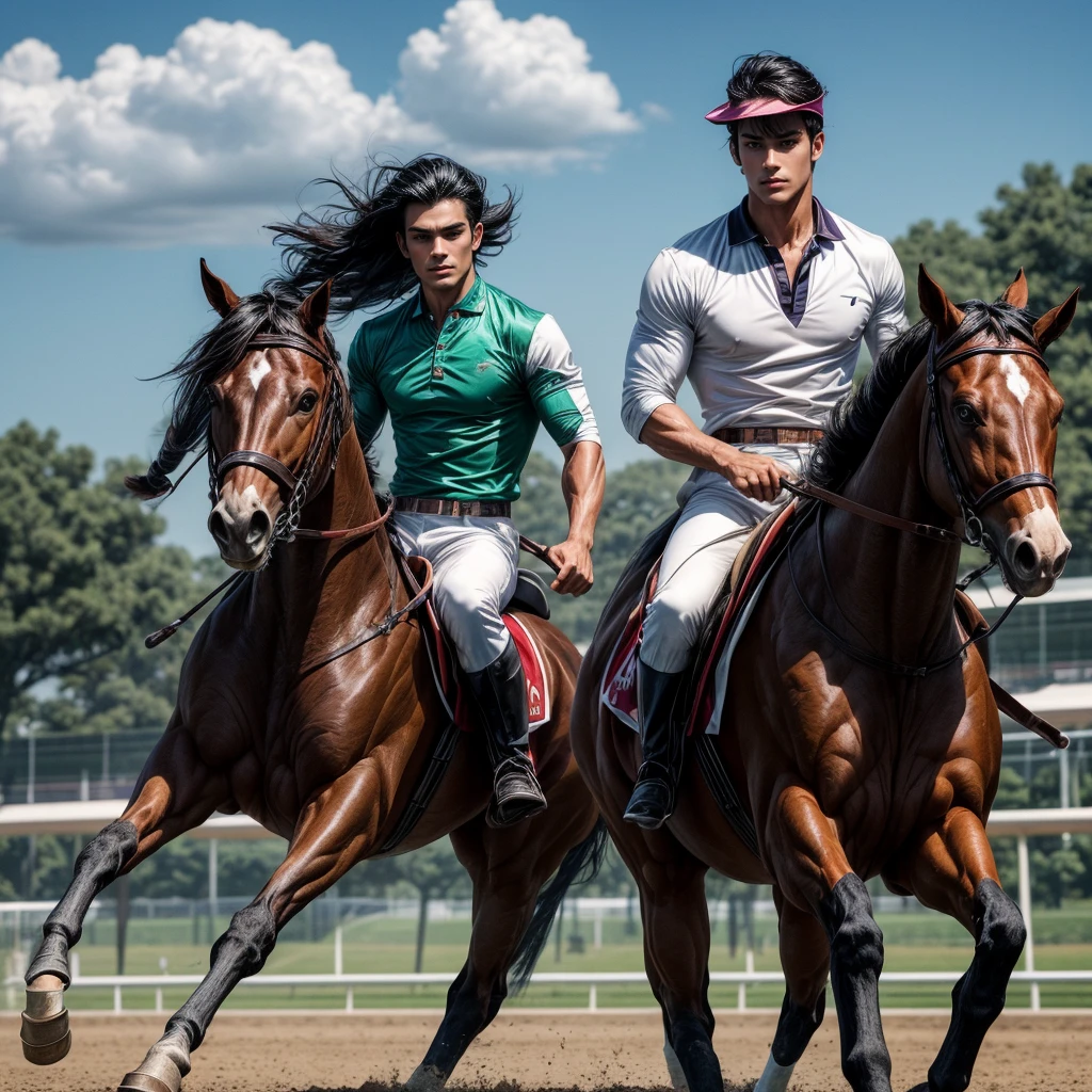 One man that is a muscular, attractive, black hair with somewhat tan skin, brown eyes, sharp jawline, thick eyebrows, racing silks outfit with bright and colorful colors inspired by polo men. Horse race track in the background With people riding horses.