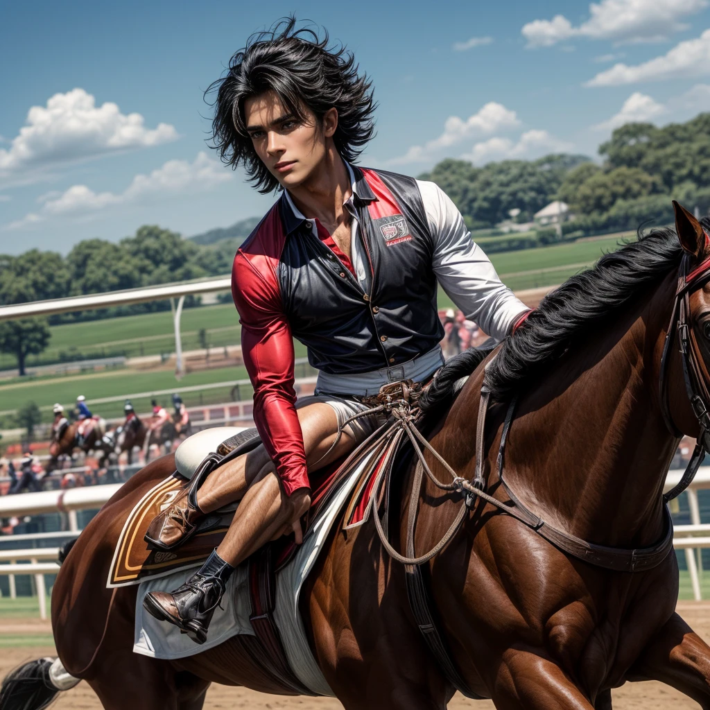 One man that is a muscular, attractive, black hair with somewhat tan skin, brown eyes, sharp jawline, thick eyebrows, racing silks outfit with bright and colorful colors inspired by polo men. Horse race track in the background With people riding horses.