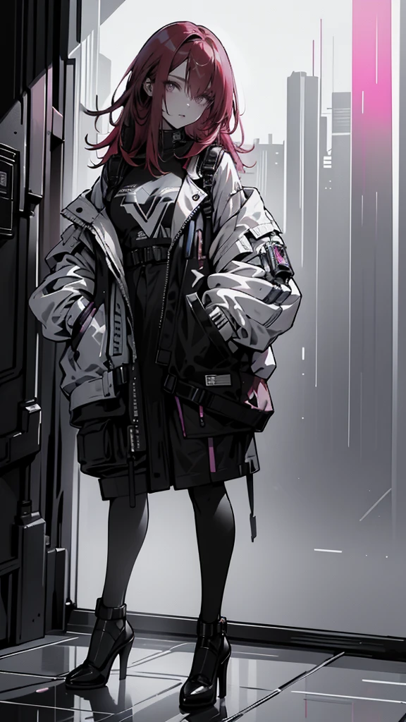 detailed portrait of a beautiful girl with red hair, blue eyes, wearing cyberpunk style clothing with hand in pocket, against a pink background with black high heels, highly detailed, 4k, photorealistic, cinematic lighting