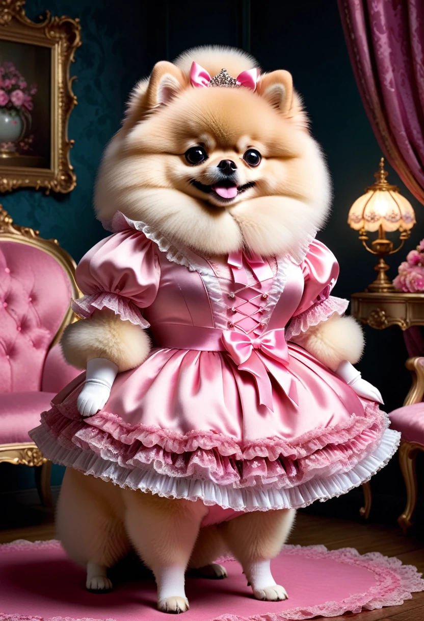 photorealistic portrait of Dressed animals-a ((fat)) (Pomeranian) dancer,(furry:1.5), (elegant pose:1.5), (hands on hips:1.5),(smile:1.5),high quality,(happy),(lovely) ,intricate details, Wearing bustier, (), highly detailed ((bustier)) ,highly detailed decorations of clothes, Fishnet panty horse , (happy), soft lighting,(full body image:2.0),luxury hotel room background,(high heels),