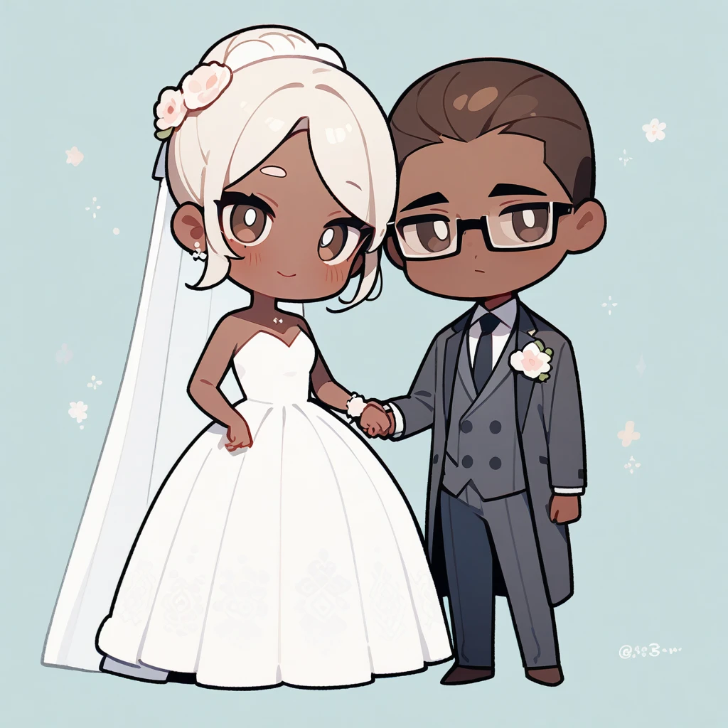 chibi style,Lovely,masterpiece, best quality, 8k, Couple(One man and one woman),man(Brown skin,Indian)Suit,woman(Brunette Asian,wear glasses)Wedding dress,Clean background