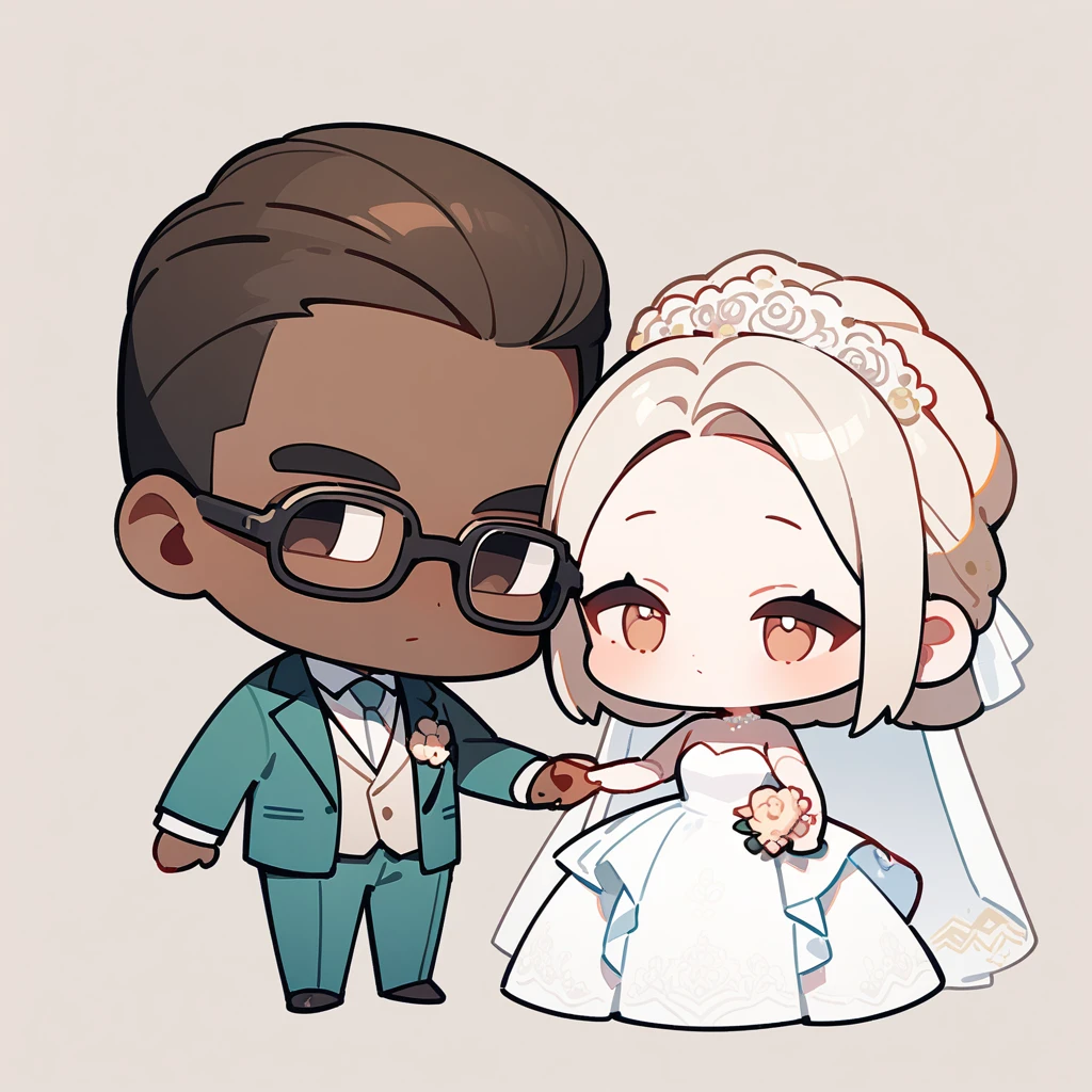 chibi style，Lovely，masterpiece, best quality, 8k, Couple（One man and one woman），man（Brown skin，Indian）Suit，woman（Brunette Asian，wear glasses）Wedding dress，Clean background