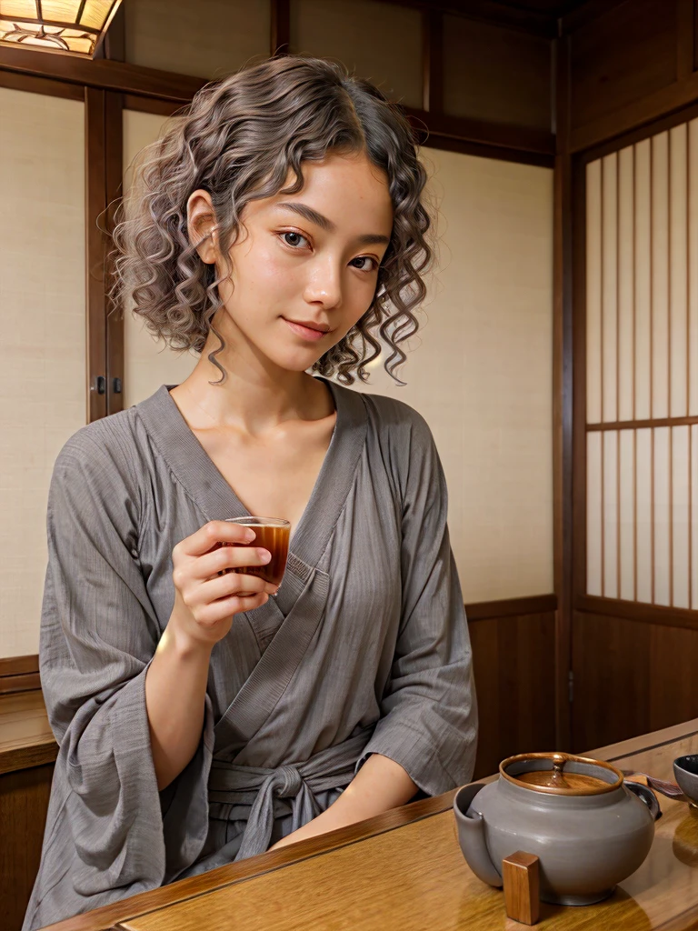 1girl Sipping Tea in a Traditional Japanese Teahouse, (Sienna Skin), Space Gray hair color ,Curly hair style, 