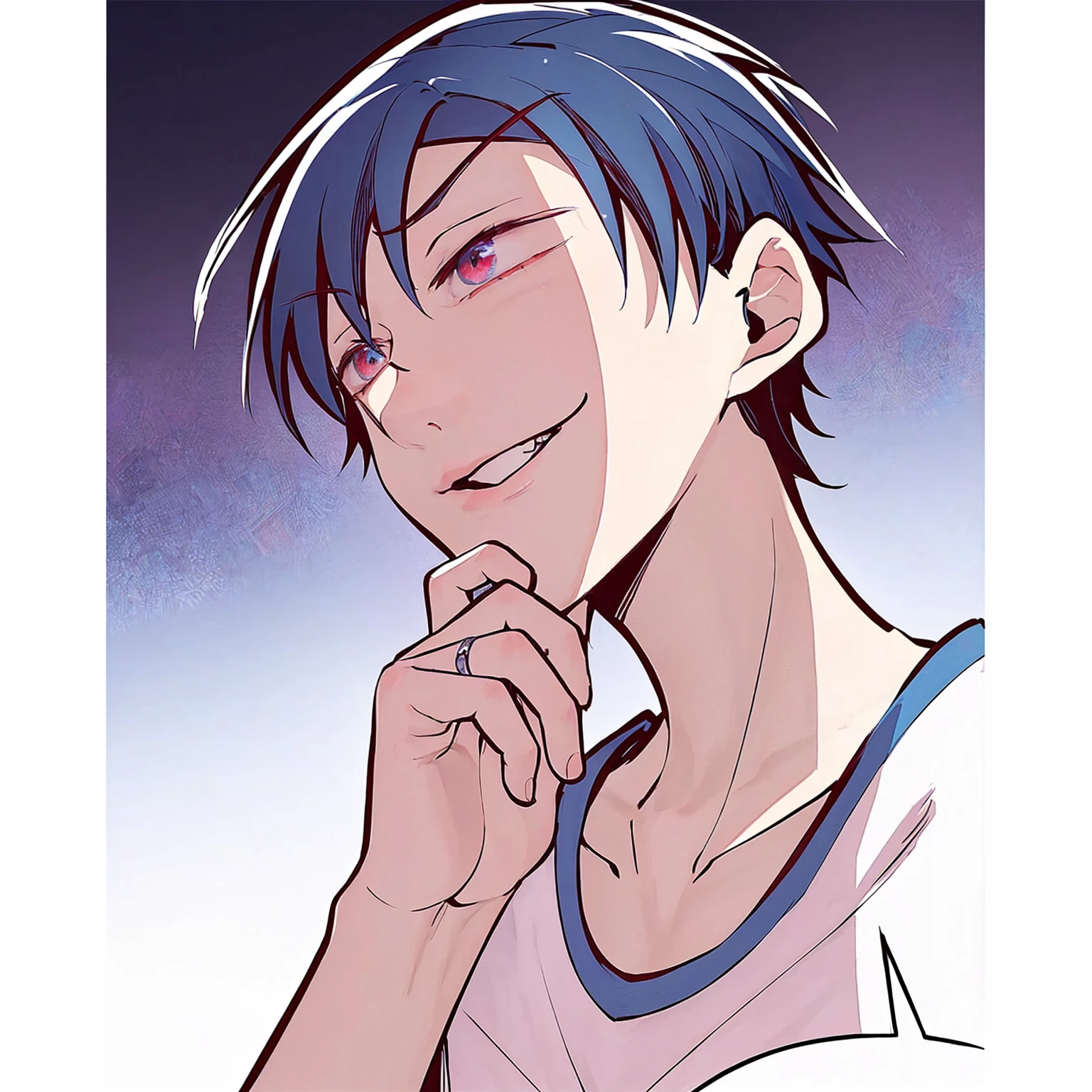 anime boy with blue hair and red eyes looking at something, 2d anime style, gamoe yandere, kentaro miura manga art style, [[[[grinning wickedly]]]], kentaro miura art style, kentaro miura manga style, makoto kano, tall anime guy with blue eyes, do pedal yowamushi, 