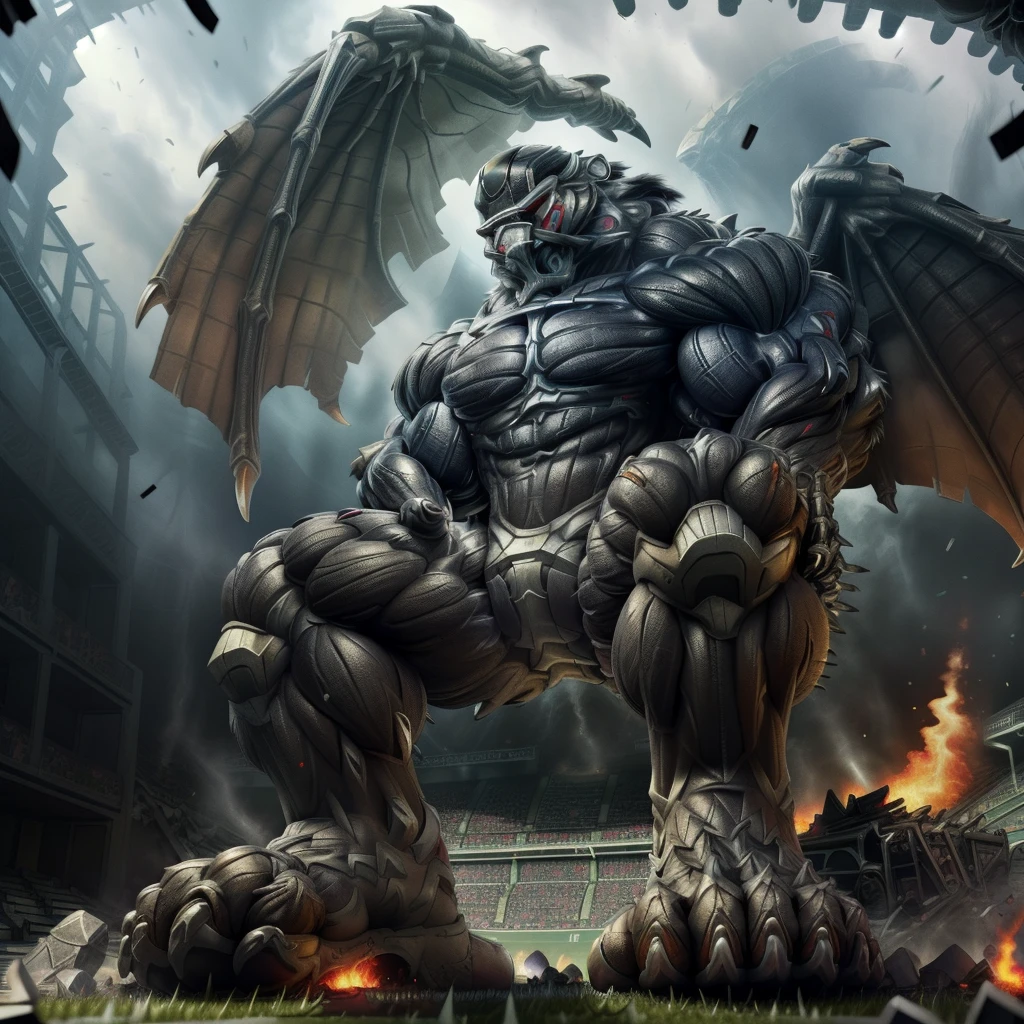 (masterpiece. official art. 8k. best quality. detailed full body. full body.)

(situation 1 : dominating cinderace. cinderace is over 1000 meters long. focus GIANT mechanical Muscular cinderace is trampling the soccer field. Looking down. macro. stomp.)

(situation 2 :smoke and flames rising from the destruction in the soccer field.)

(Additional details 1: Its nanosut emphasizes the muscles. wearing crNanosuit. nanosuit. creating crNanosuit. black visor. wearing a full-face helmet. a fantasy-style biomecha armored combat suit. composite layered chest armor. fully enclosed shoulder guards. hero in anime style. perfect body proportions. golden ratio)

(Additional details 2: (Detailed head. Detailed Body. Detailed abs. gigantic muscles. HYPER MUSCLES. Gigachad Muscular. big muscle. pecs. triceps. traps. unusually developed muscular body. body full of huge muscles. showing off muscles. pectorales enormes. Exaggeratedly huge muscles. huge muscles. long legs.).

(Additional details 3: Spread wings. It has wings. have big wings. black wings. The claws are sharp. Sharp teeth.5 toes).