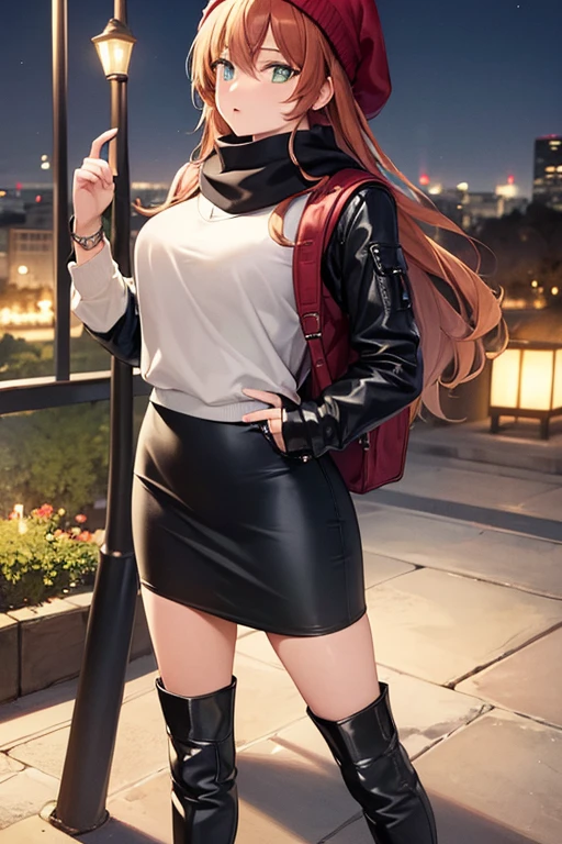 ((masterpiece, best quality, ultra-detailed)), beautiful woman, leather jacket, hoodie, scarf, beanie, bracelet, black midi pencil skirt, long black pencil skirt, leather boots, backpack, full body, long hair, wavy hair, fall garden, leaves, night