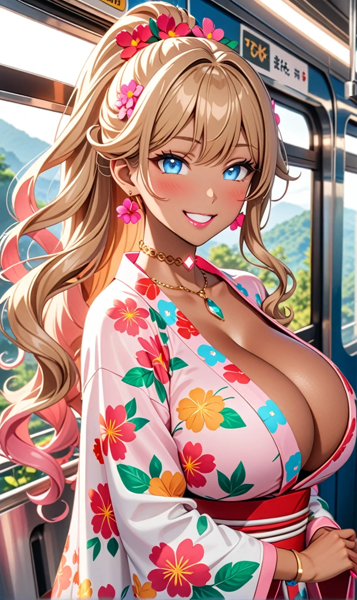 ultra-detailed, ((one girl)), (portrait), (tan skin:1.4), in pastel colors gyaru, (heavy makeup), (professional lighting) hyper detailed, absurdres, 8k, Beautiful Face, (Laugh shyly), ((teasing smile:1.6)), ((happy smile:1.5)), ((Wink:1.6)), (Laugh with your mouth wide open),((Tilt your face:1.6)), View your viewers, ((Bright red cheeks:1.6)),Glossy shocking pink lips, ((huge breasts:1.6)), ((undressing)), noon, summer, on the train, Anime style background)),masterpiece, Highest quality, (Brighten your face), so beautiful,Latest, Complex details, ((fluorescent pink long nail:1.2)), (ring),(bracelet), (Floral Choker),AI-generated, Complex,High resolution, Highest quality, super high quality,3D Images、3D Images,One person, ((honey blond long hair), (High Ponytail), (wavy hair:1.4), Anime woman posing for a photo, ((Fine grain、blue eyes、glowing eyes:1.4)), (Squint your eyes:1.1),a hyperRealistic , hyperRealistic , Realistic,Anime woman with long honey blonde hair, Smooth anime CG art, A girl in a gorgeous pastel-colored kimono, ((Pastel-colored furisode)),(Pink large floral pattern), (sideboob), Long flower hair ornament,Big earrings, Mature Body, tall,Narrow waist, front view, ((upper body)),