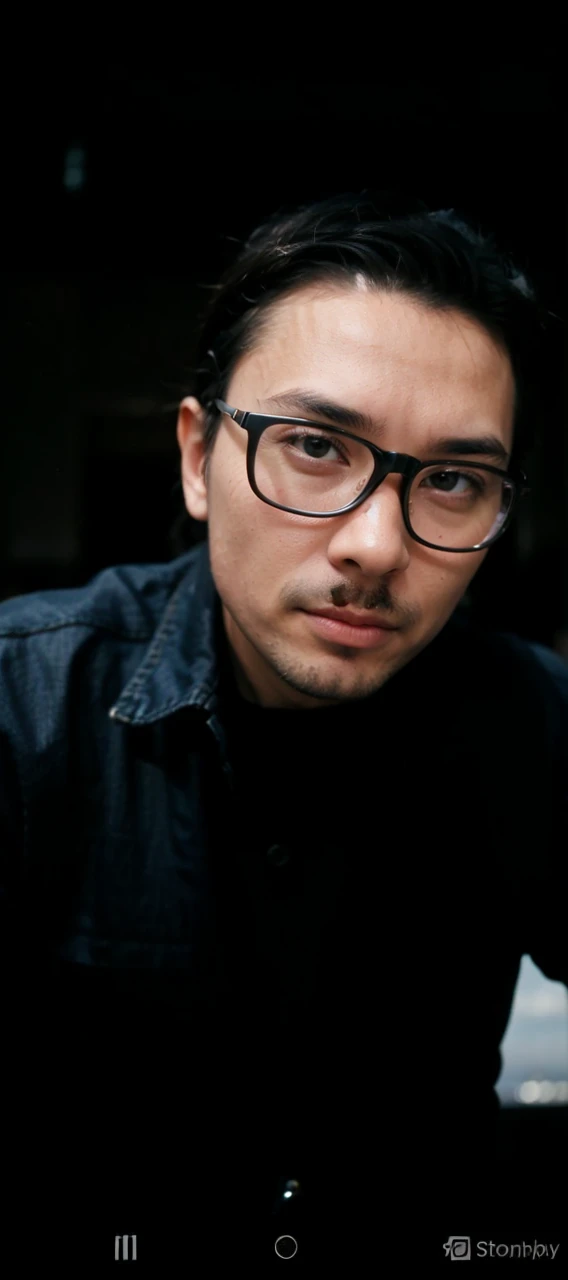 Handsome Indonesian Sumatera man (36 years old, oval and clean face, ideal body, jeans, Indonesian leather, wearing denim jacket and black bag, standing pose, photographic style front photo, visible face, view of the Eiffel Tower right behind him, lights on around him street and city, standing somewhere on the Paris Bridge, it's the atmosphere approaching sunset.ultra HD, original photo, very detailed, very sharp, 18mm lens, realistic, photography, leica camera