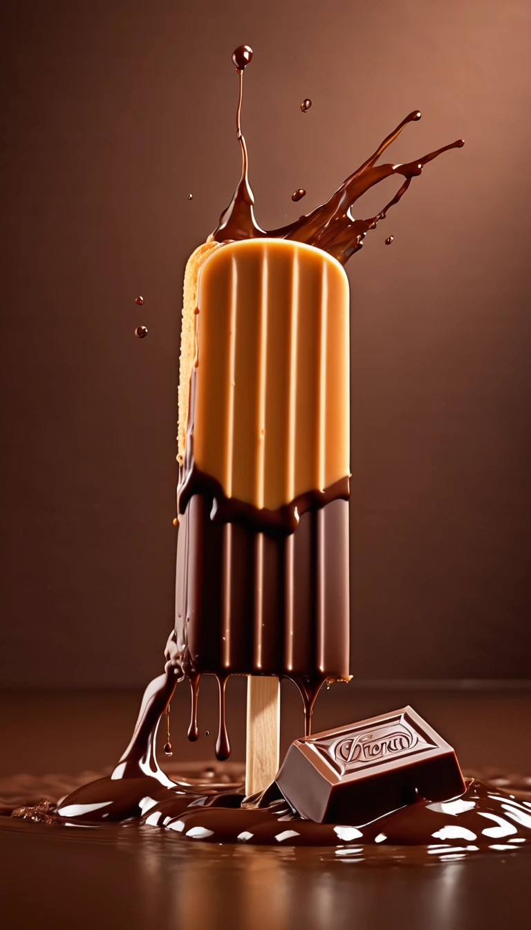 a picture of a popsicle splashing into chocolate like in a commercial
