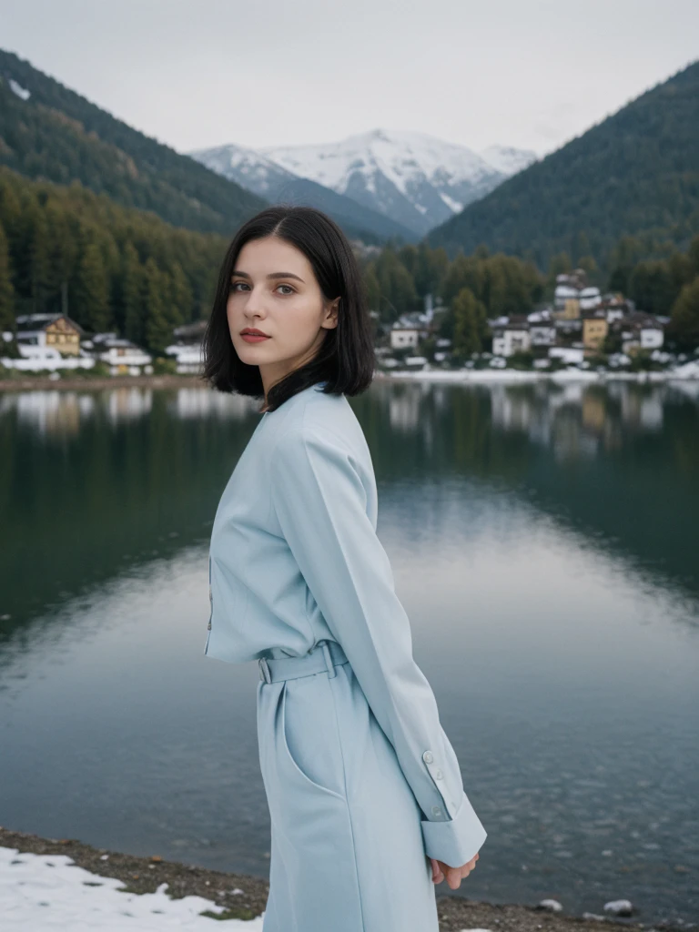 her name is Amelie, high quality, 1girl, ((25-year-old fit Caucasian woman)), ((25 years old)), ((SLIM)), ((Micro Bob dark hair)), pose: standing, wearing Popular Generation-Z modern wear elegant colored, BACKGROUND: "Taking in the serene beauty of the village by the lake, with snow-capped mountains reflected in the water."