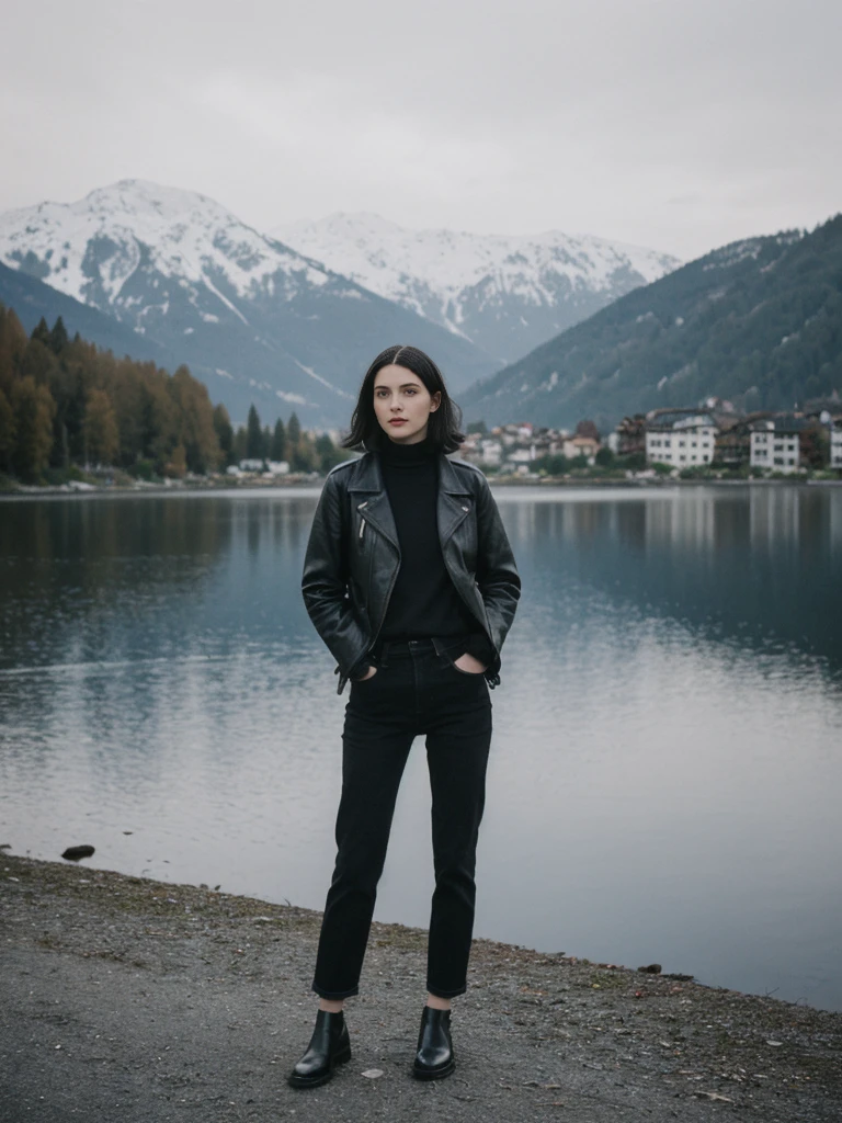 her name is Amelie, high quality, 1girl, ((25-year-old fit Caucasian woman)), ((25 years old)), ((SLIM)), ((Micro Bob dark hair)), pose: standing, wearing Popular Generation-Z modern wear elegant colored, BACKGROUND: "Taking in the serene beauty of the village by the lake, with snow-capped mountains reflected in the water."