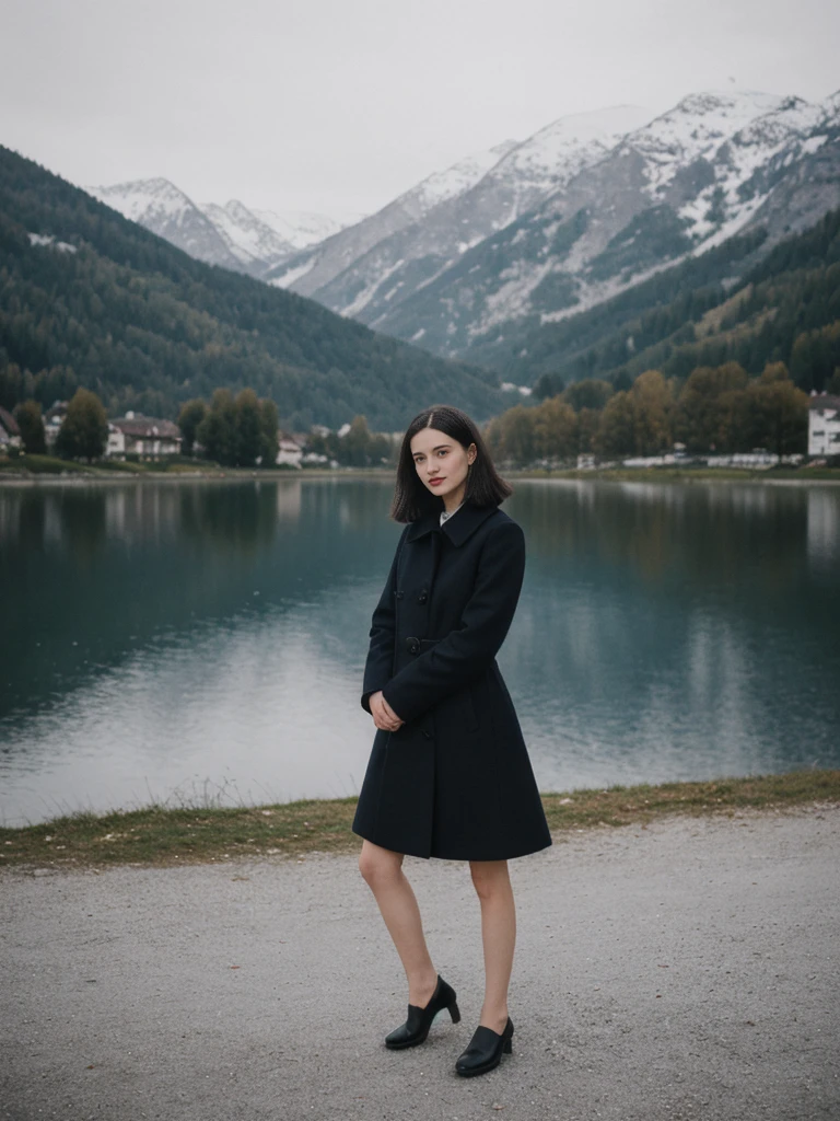 her name is Amelie, high quality, 1girl, ((25-year-old fit Caucasian woman)), ((25 years old)), ((SLIM)), ((Micro Bob dark hair)), pose: standing, wearing Popular Generation-Z modern wear elegant colored, BACKGROUND:  "Taking in the serene beauty of the village by the lake, with snow-capped mountains reflected in the water."