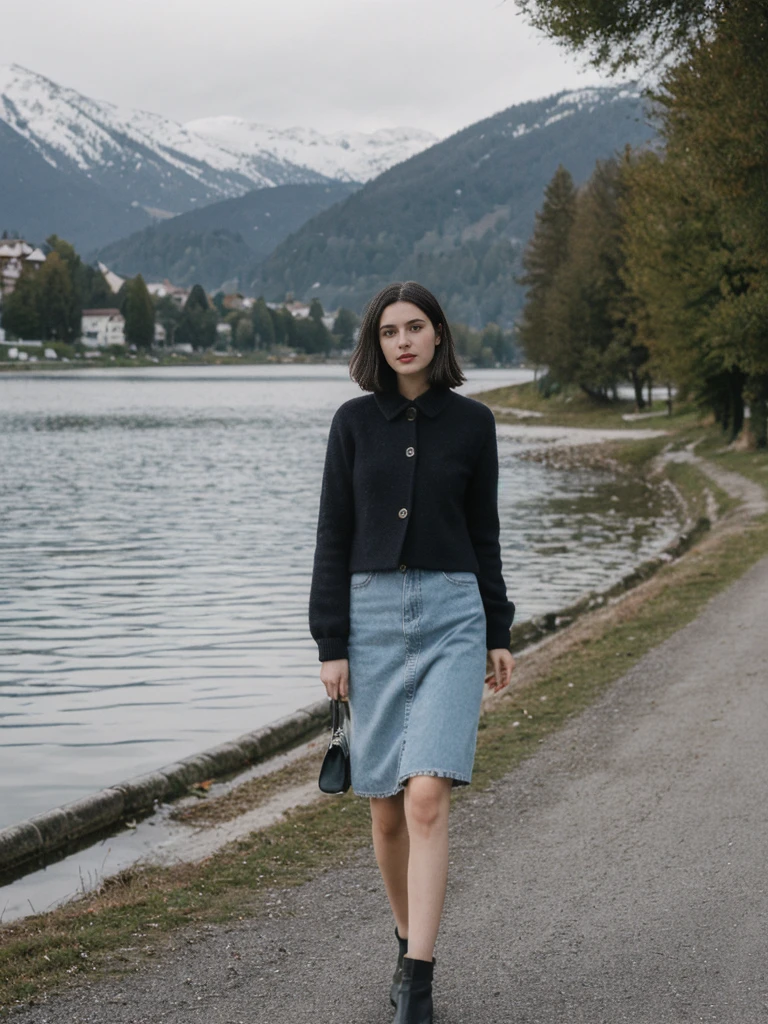 her name is Amelie, high quality, 1girl, ((25-year-old fit Caucasian woman)), ((25 years old)), ((SLIM)), ((Micro Bob dark hair)), pose: standing, wearing Popular Generation-Z modern wear elegant colored, BACKGROUND:  "Taking in the serene beauty of the village by the lake, with snow-capped mountains reflected in the water."