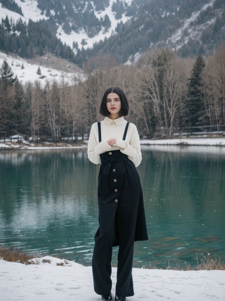 her name is Amelie, high quality, 1girl, ((25-year-old fit Caucasian woman)), ((25 years old)), ((SLIM)), ((Micro Bob dark hair)), pose: standing, wearing Popular Generation-Z modern wear elegant colored, BACKGROUND: "Taking in the serene beauty of the village by the lake, with snow-capped mountains reflected in the water."