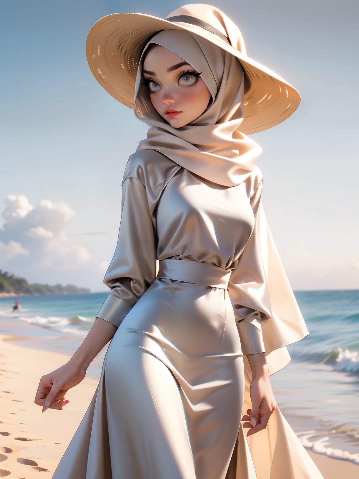 Masterpiece, best quality, photography, detailed skin, realistic, photo-realistic, 8k, highly detailed, full length frame, High detail RAW color art, diffused soft lighting, shallow depth of field, sharp focus, hyperrealism, cinematic lighting, hijab, a woman in a beautifully makeup, smokey eyeshadow, beautiful big eyes, long eye lashes, wearing ((Gray satin hijab)), loosely tide hijab style, ((beige satin long dress)), Brim Straw Hat, dancing at the beach, Warm light background