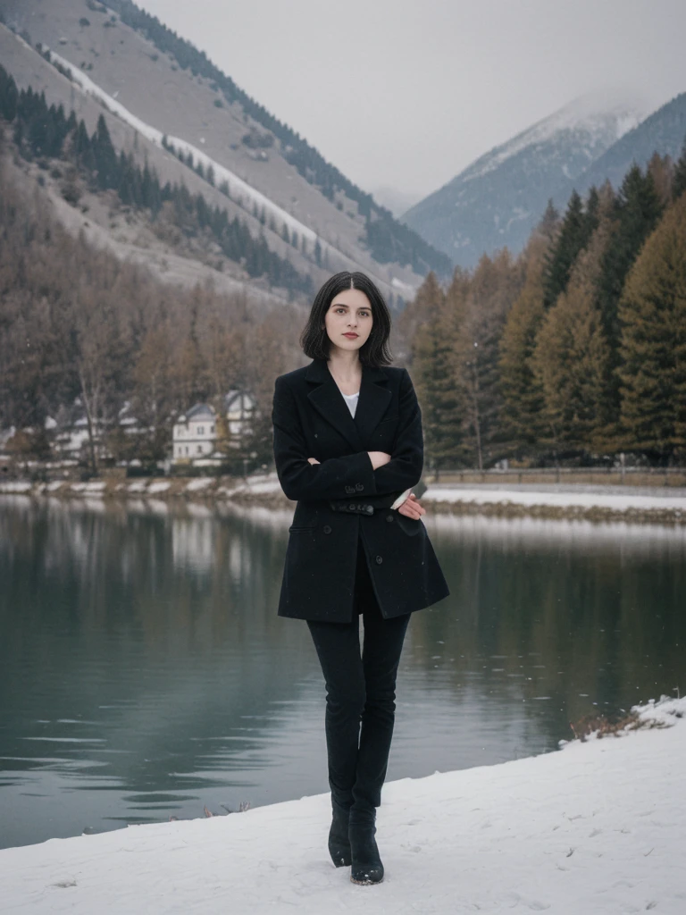 her name is Amelie, high quality, 1girl, ((25-year-old fit Caucasian woman)), ((25 years old)), ((SLIM)), ((Micro Bob dark hair)), pose: standing, wearing Popular Generation-Z modern wear elegant colored, BACKGROUND: "Taking in the serene beauty of the village by the lake, with snow-capped mountains reflected in the water."