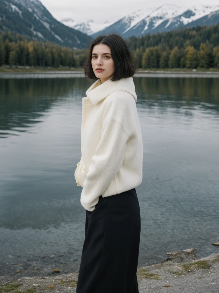 her name is Amelie, high quality, 1girl, ((25-year-old fit Caucasian woman)), ((25 years old)), ((SLIM)), ((Micro Bob dark hair)), pose: standing, wearing Popular Generation-Z modern wear elegant colored, BACKGROUND:  "Taking in the serene beauty of the village by the lake, with snow-capped mountains reflected in the water."