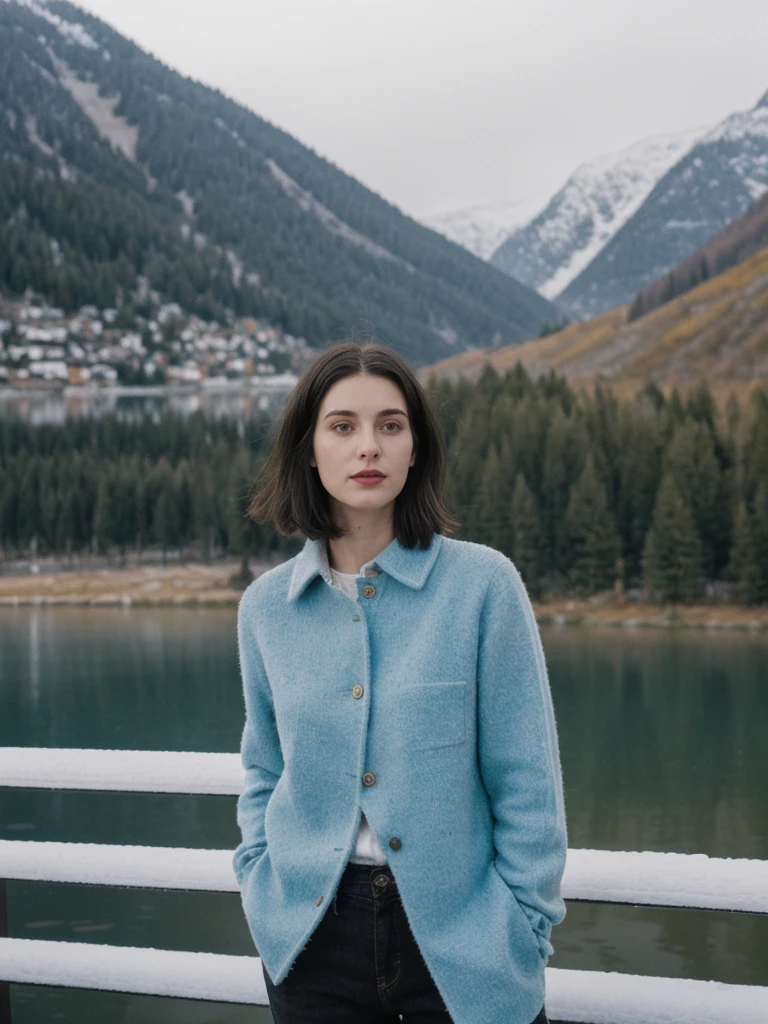 her name is Amelie, high quality, 1girl, ((25-year-old fit Caucasian woman)), ((25 years old)), ((SLIM)), ((Micro Bob dark hair)), pose: standing, wearing Popular Generation-Z modern wear elegant colored, BACKGROUND: "Taking in the serene beauty of the village by the lake, with snow-capped mountains reflected in the water."