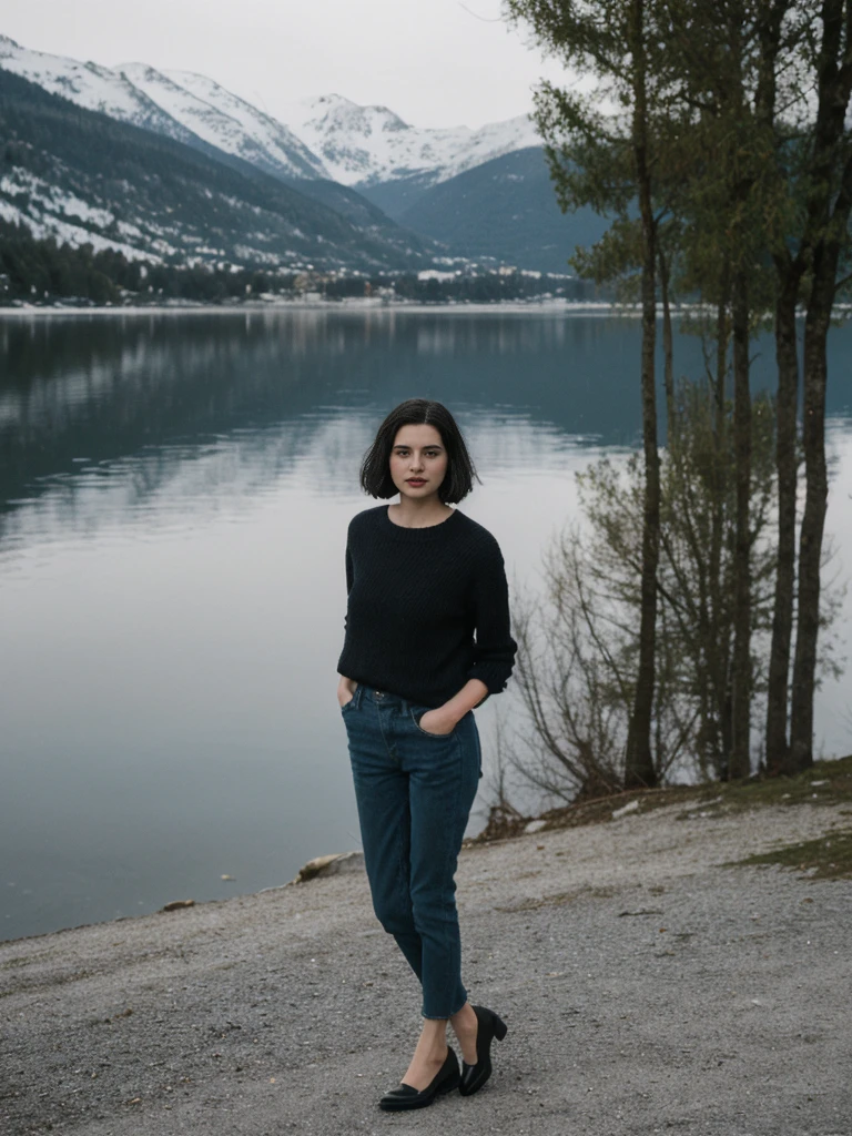 her name is Amelie, high quality, 1girl, ((25-year-old fit Caucasian woman)), ((25 years old)), ((SLIM)), ((Micro Bob dark hair)), pose: standing, wearing Popular Generation-Z modern wear elegant colored, BACKGROUND: "Taking in the serene beauty of the village by the lake, with snow-capped mountains reflected in the water."