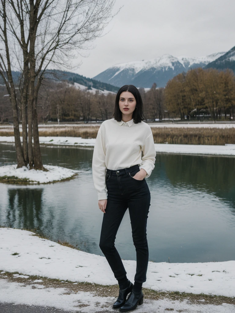 her name is Amelie, high quality, 1girl, ((25-year-old fit Caucasian woman)), ((25 years old)), ((SLIM)), ((Micro Bob dark hair)), pose: standing, wearing Popular Generation-Z modern wear elegant colored, BACKGROUND: "Taking in the serene beauty of the village by the lake, with snow-capped mountains reflected in the water."